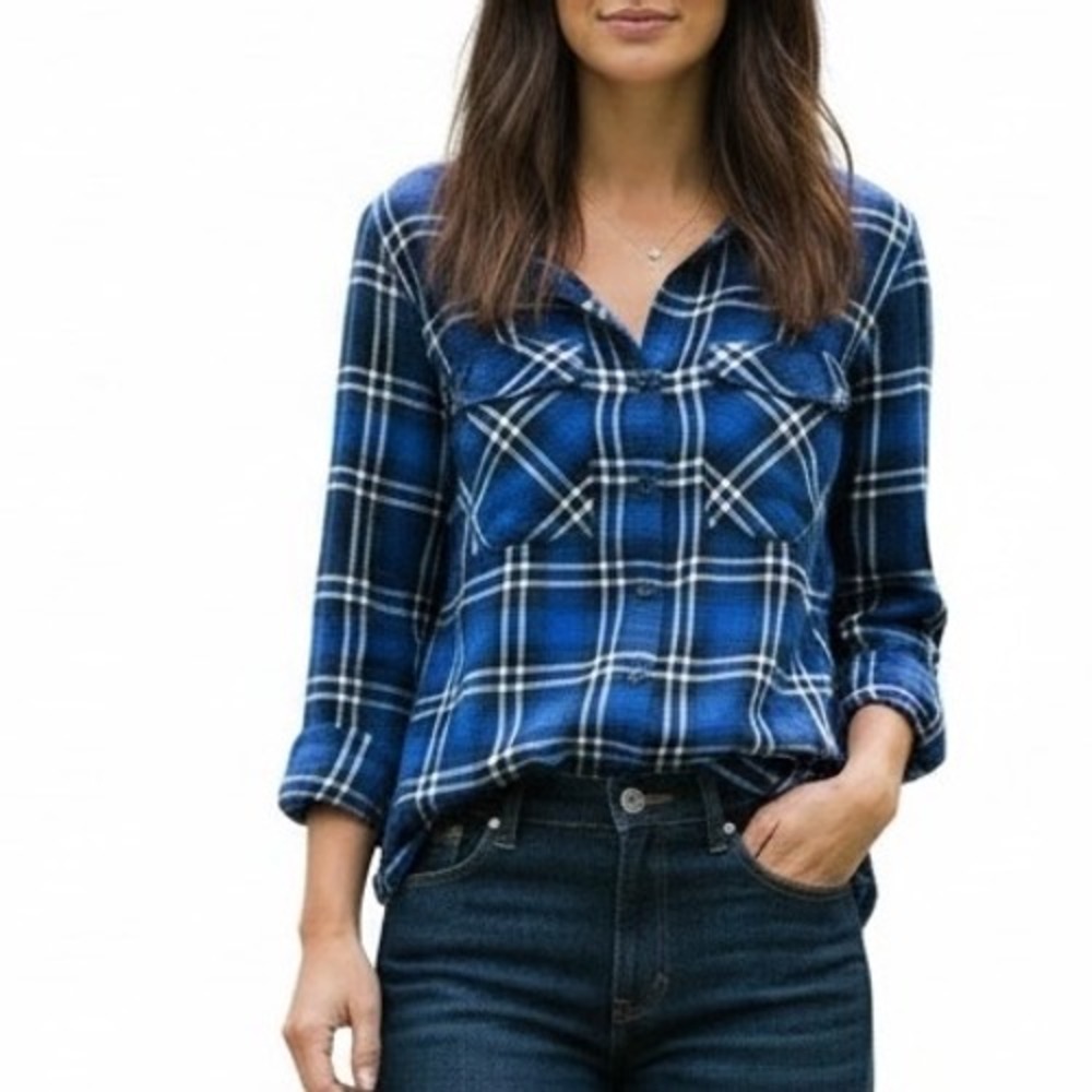 Sanctuary | Dark Blue Main Street Plaid Boyfriend Top Shirt Snaps Small Western